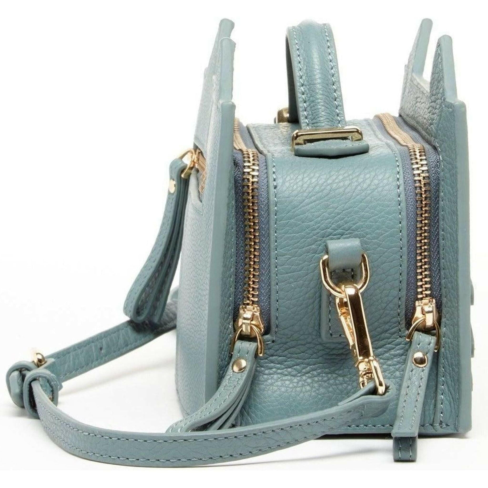 Leather Cat Crossbody in Mineral Blue.