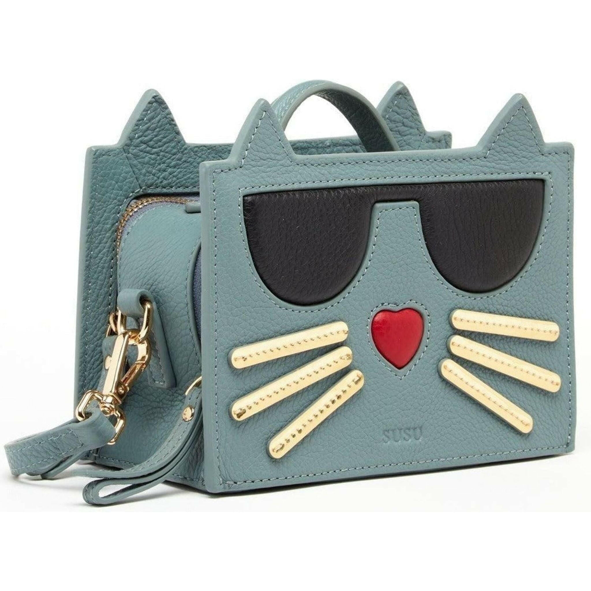 Leather Cat Crossbody in Mineral Blue.