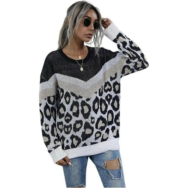 Womens Leopard Print Round Neck Sweater |  quirkitrendz.