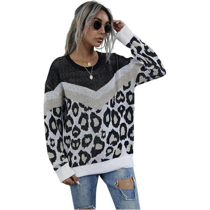 Womens Leopard Print Round Neck Sweater |  quirkitrendz.