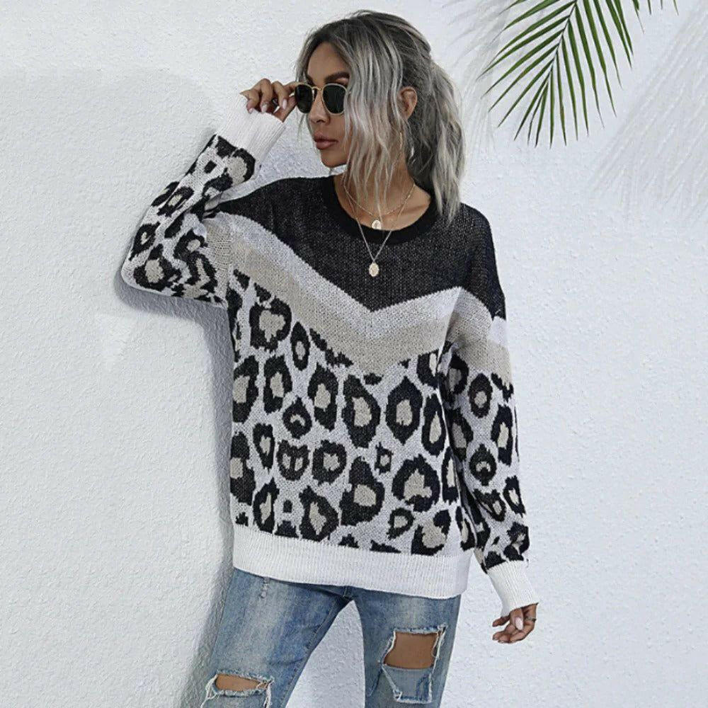 Leopard Print Round Neck Sweater.