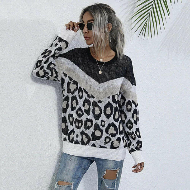 Womens Leopard Print Round Neck Sweater |  quirkitrendz.