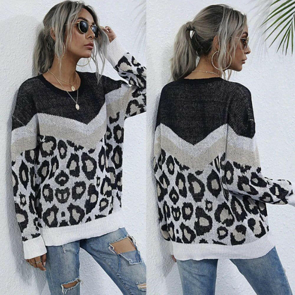 Leopard Print Round Neck Sweater.