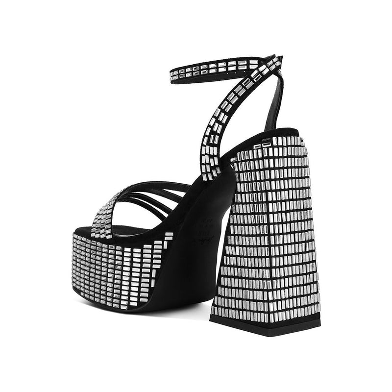 Lustrous Mirror Embellished Flare Block Heel Sandals.