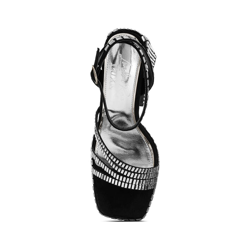 Lustrous Mirror Embellished Flare Block Heel Sandals.