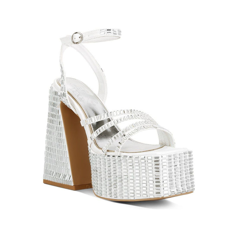 Lustrous Mirror Embellished Flare Block Heel Sandals.