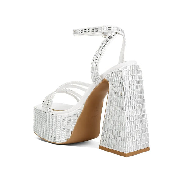 Lustrous Mirror Embellished Flare Block Heel Sandals.