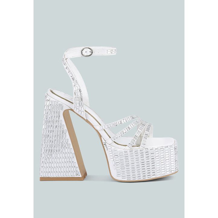 Lustrous Mirror Embellished Flare Block Heel Sandals.