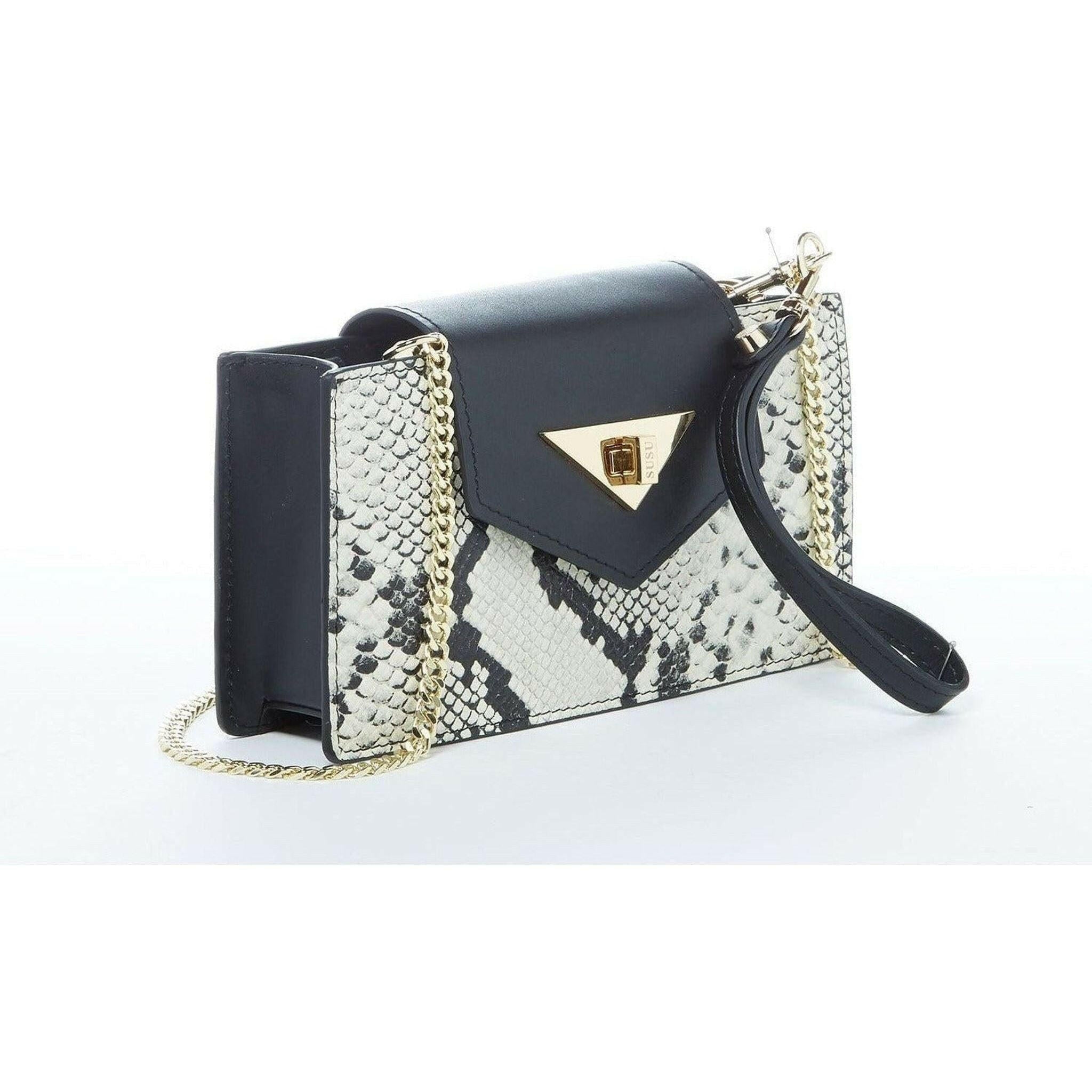 Mary Small Crossbody Leather Purse in Black Snakeskin Pattern.