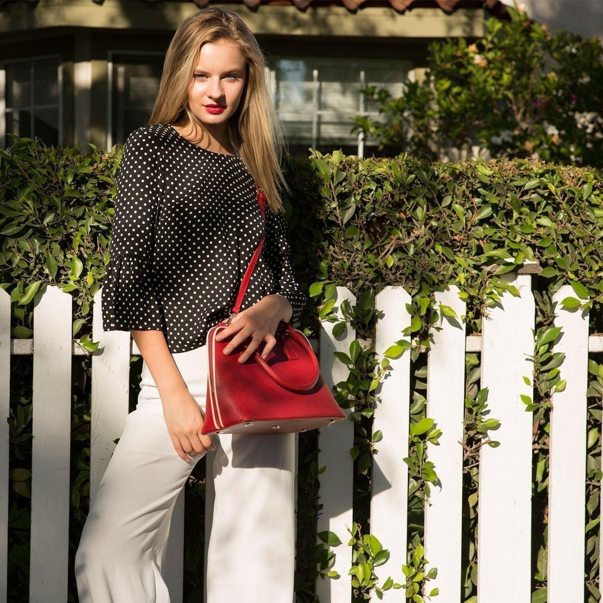 Melissa Saffiano Leather Satchel Bag in Red.