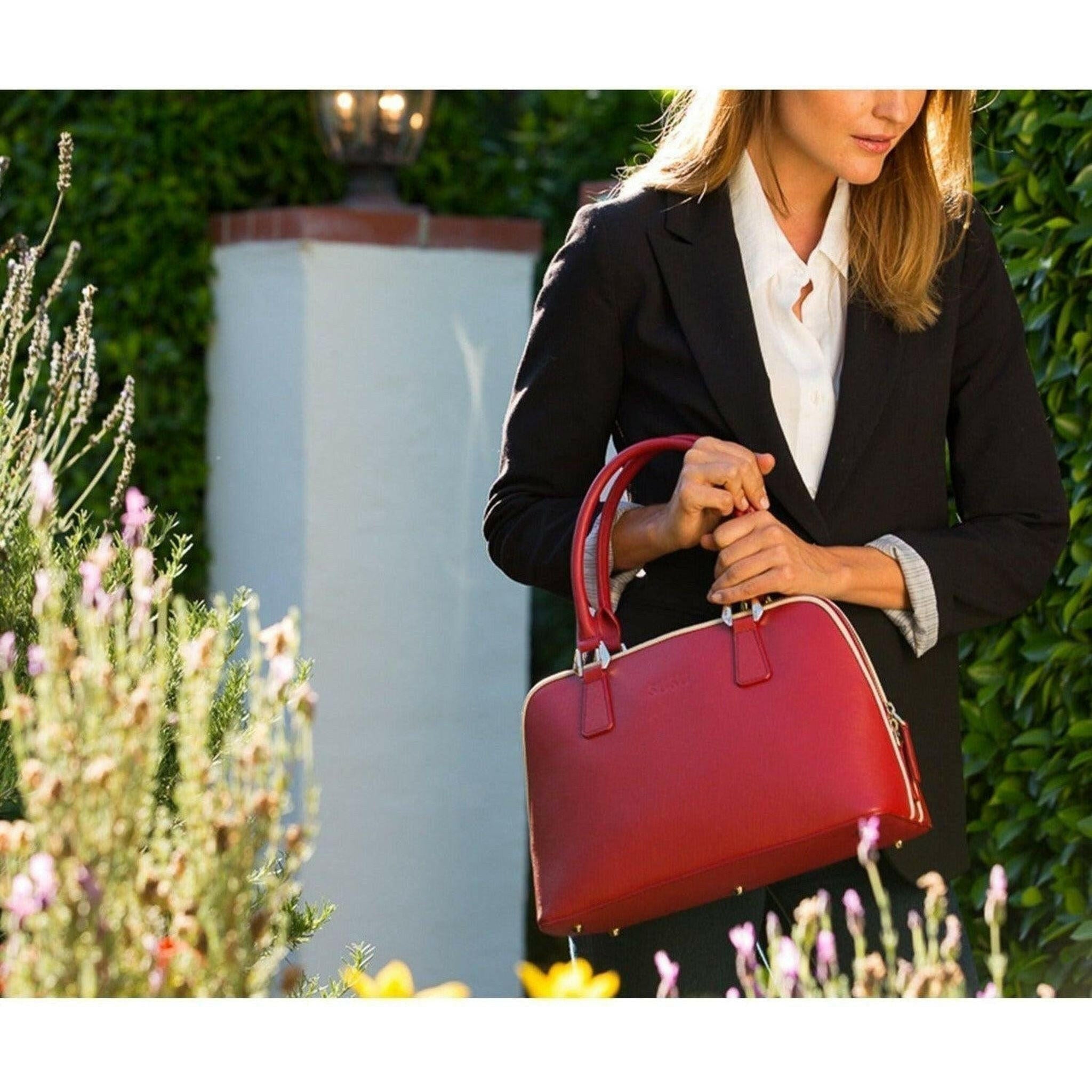 Melissa Saffiano Leather Satchel Bag in Red.