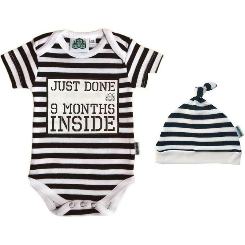 Newborn Short Striped Romper & Hat Just Done 9 Months Inside®