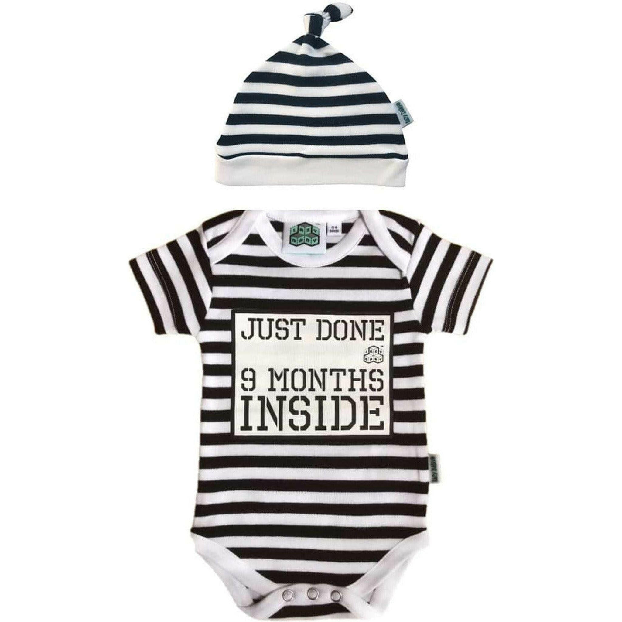 Newborn Short Striped Romper & Hat  Just Done 9 Months Inside®.