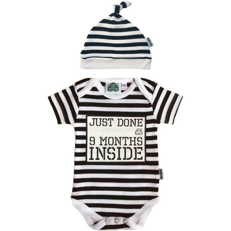 Newborn Short Striped Romper & Hat Just Done 9 Months Inside®