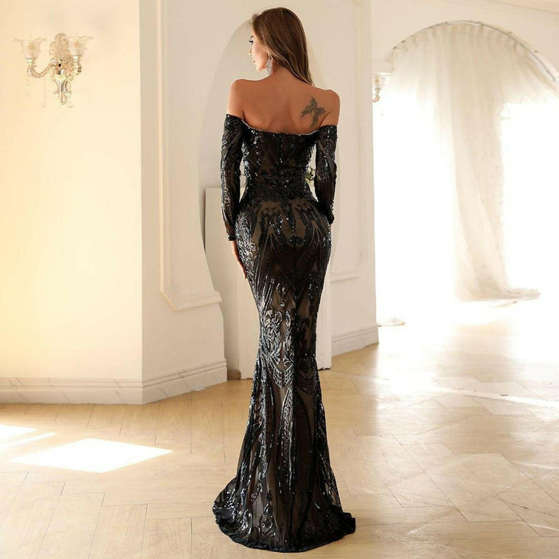 Off Shoulder Long Sleeves Evening Prom Gown