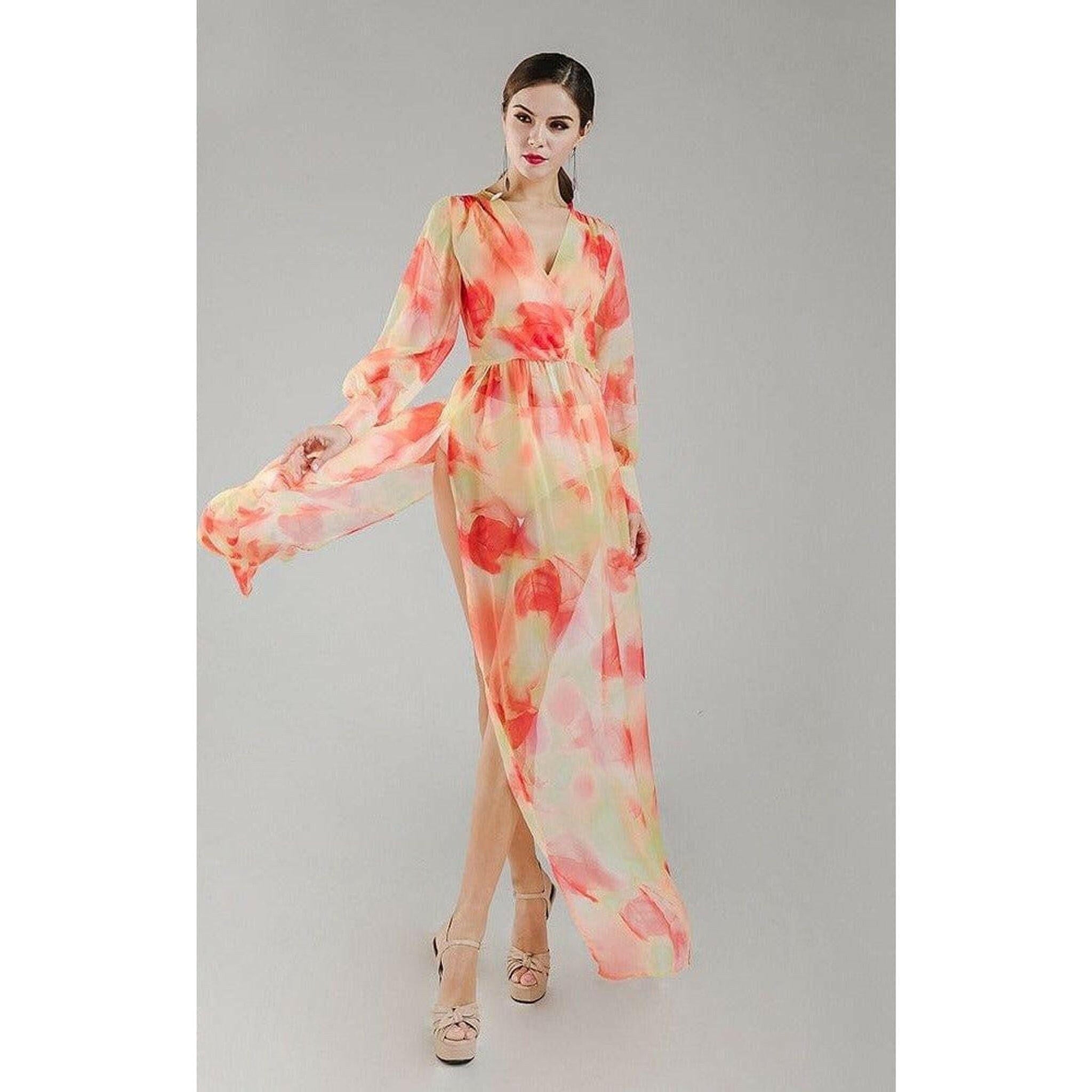 Orange Chiffon Floral Maxi Dress.