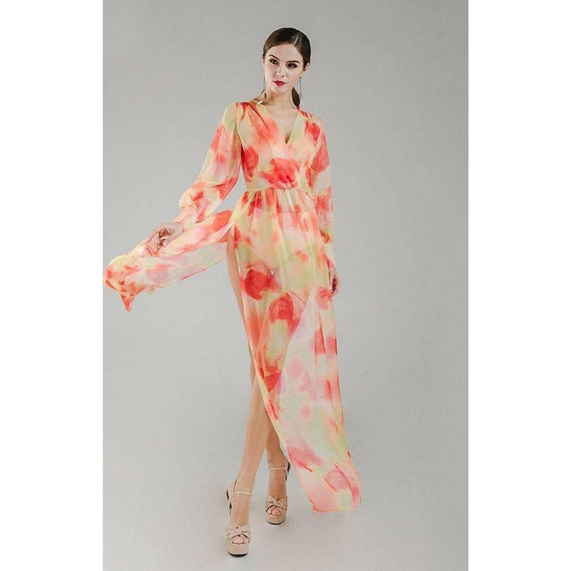 Orange Chiffon Floral Maxi Dress