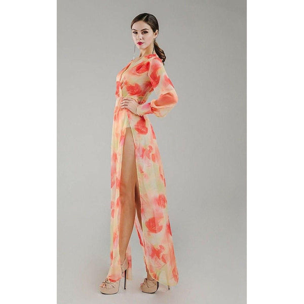 Orange Chiffon Floral Maxi Dress