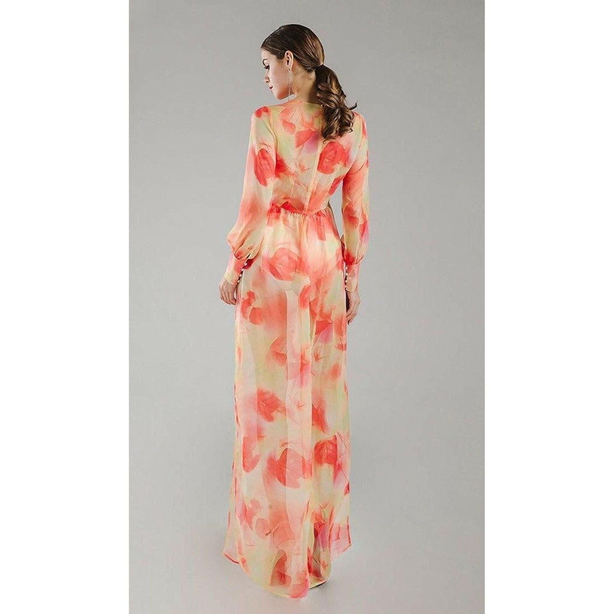 Orange Chiffon Floral Maxi Dress.