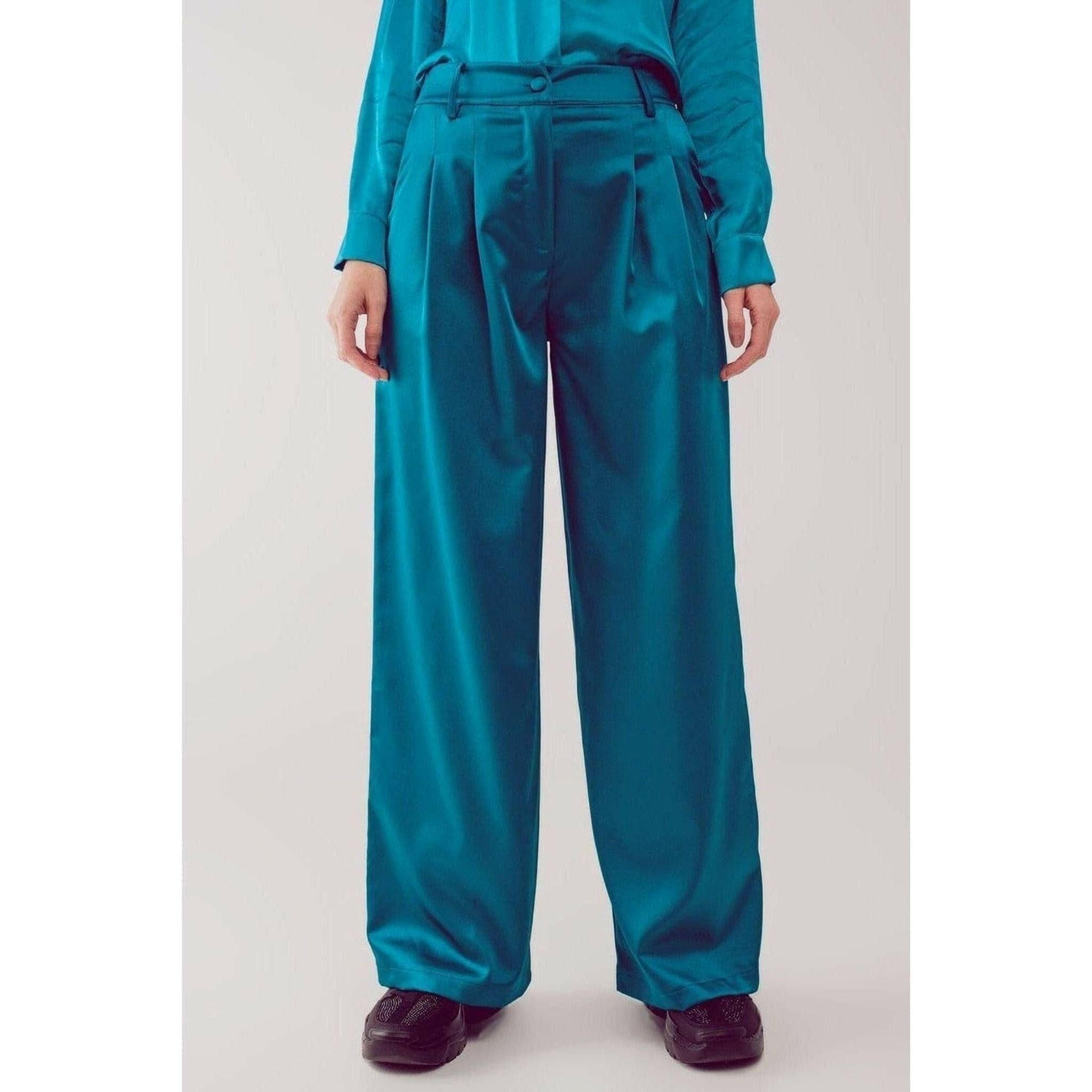 Palazzo Pleated Pants in Turquoise.