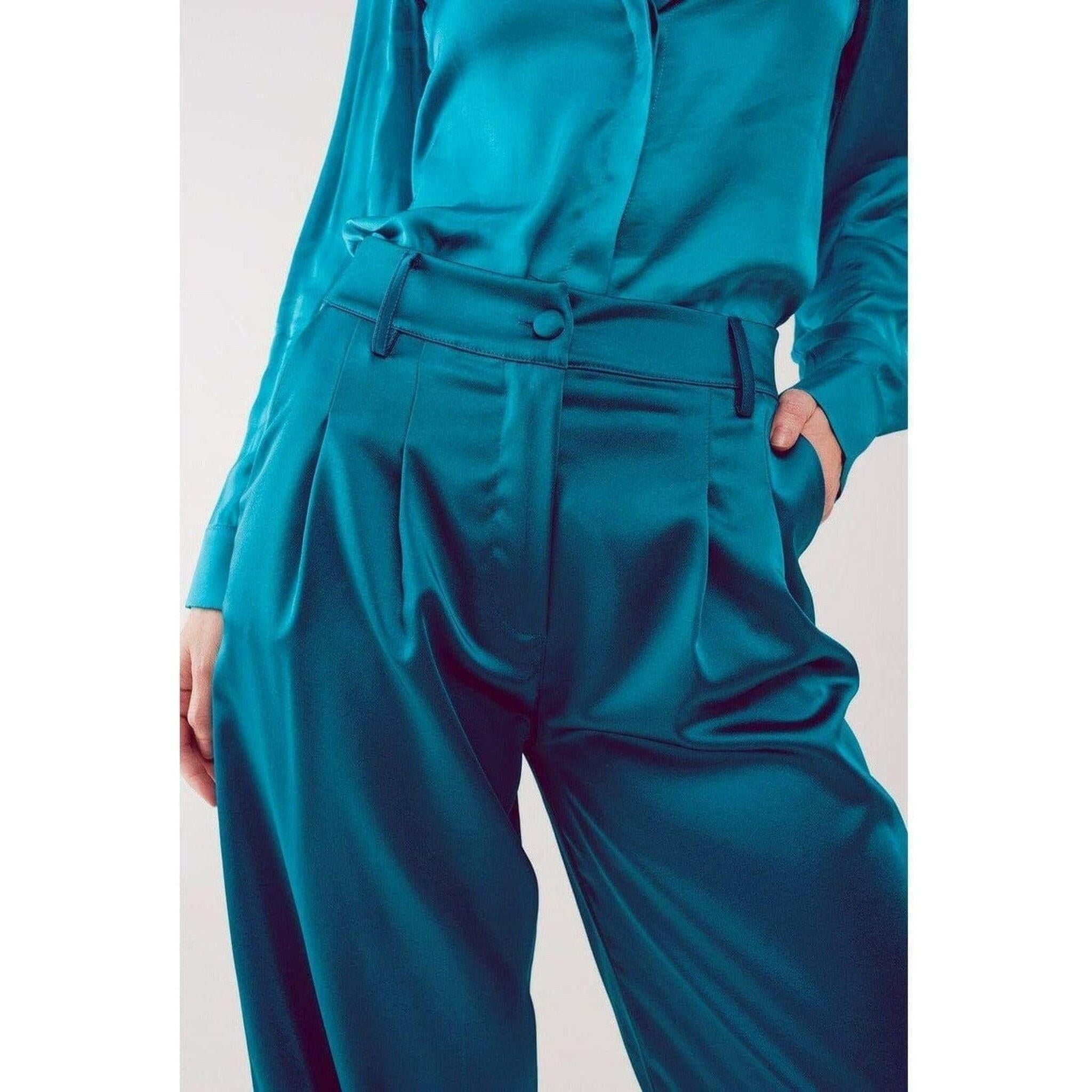 Palazzo Pleated Pants in Turquoise.