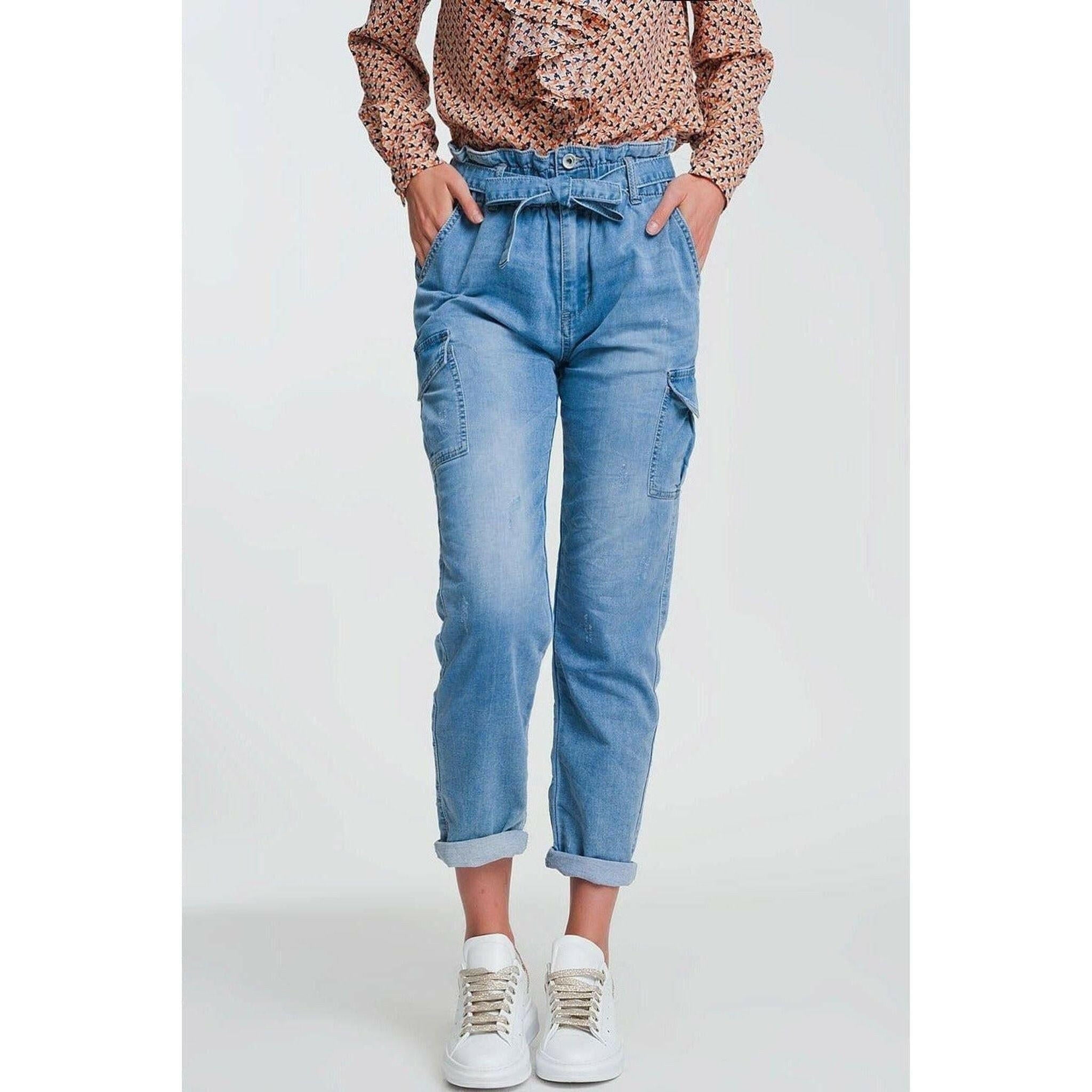 Paperbag Tie Waist Jeans in Light Blue.