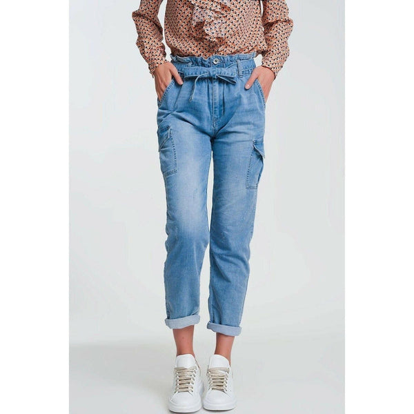 Paperbag Tie Waist Jeans in Light Blue