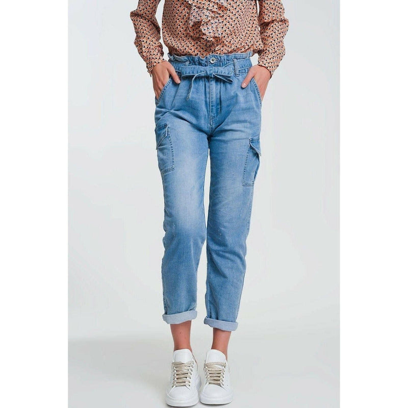 Paperbag Tie Waist Jeans in Light Blue