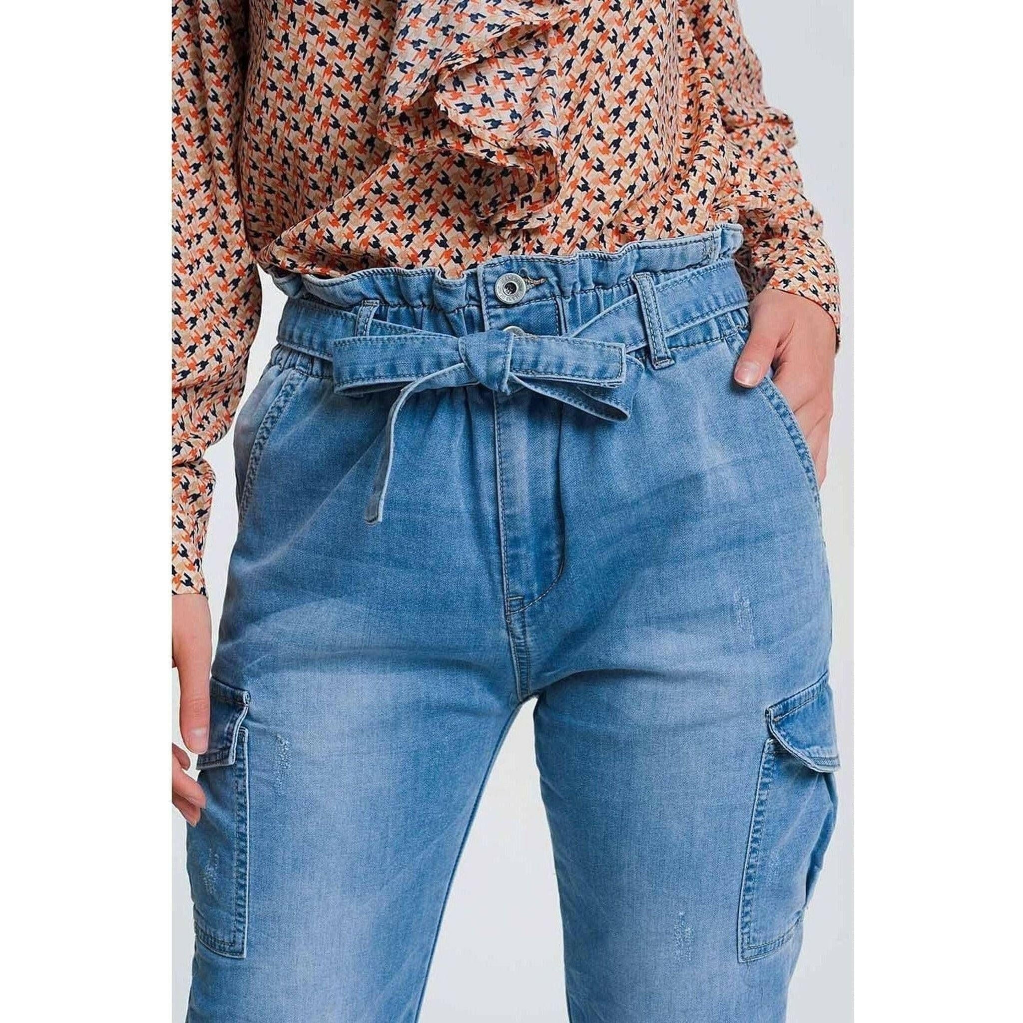 Paperbag Tie Waist Jeans in Light Blue.