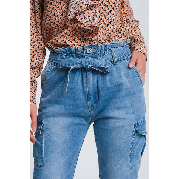 Paperbag Tie Waist Jeans in Light Blue