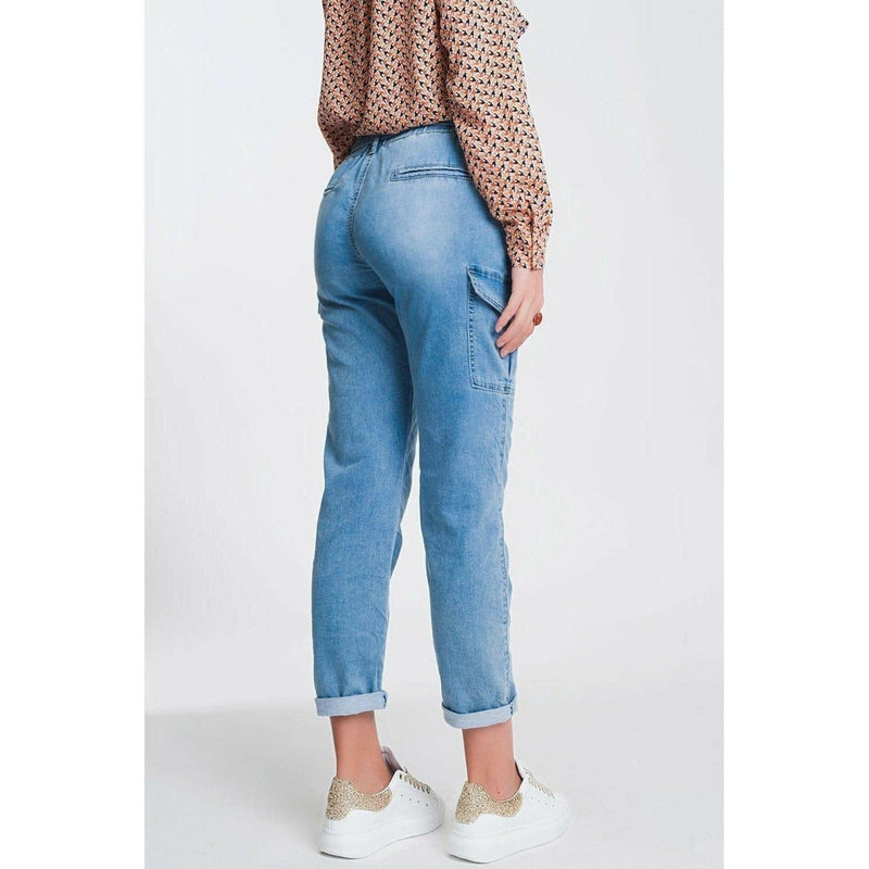 Paperbag Tie Waist Jeans in Light Blue