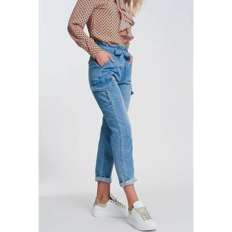 Paperbag Tie Waist Jeans in Light Blue