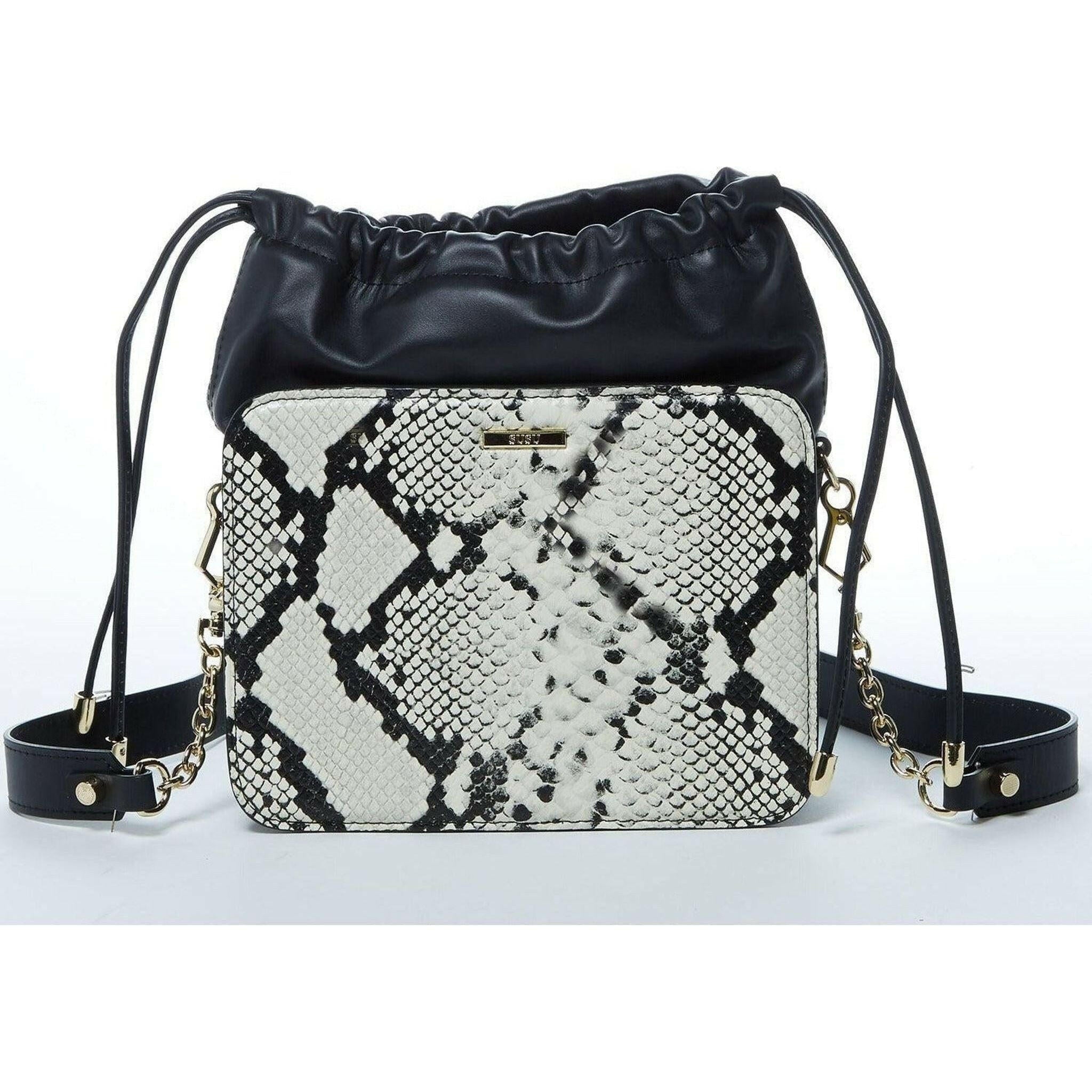 Patricia Leather Bucket Bag in Black Snakeskin Design.