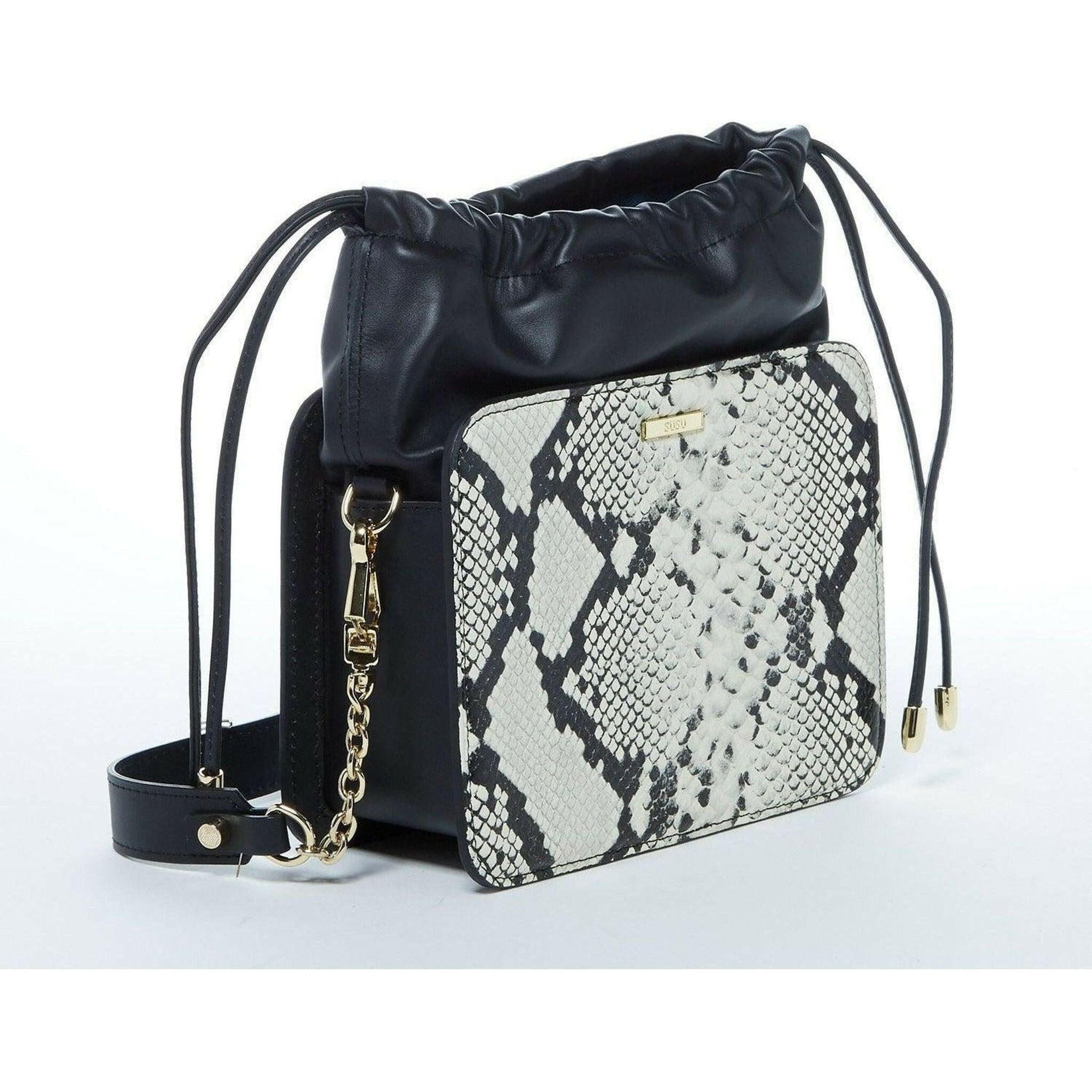 Patricia Leather Bucket Bag in Black Snakeskin Design.