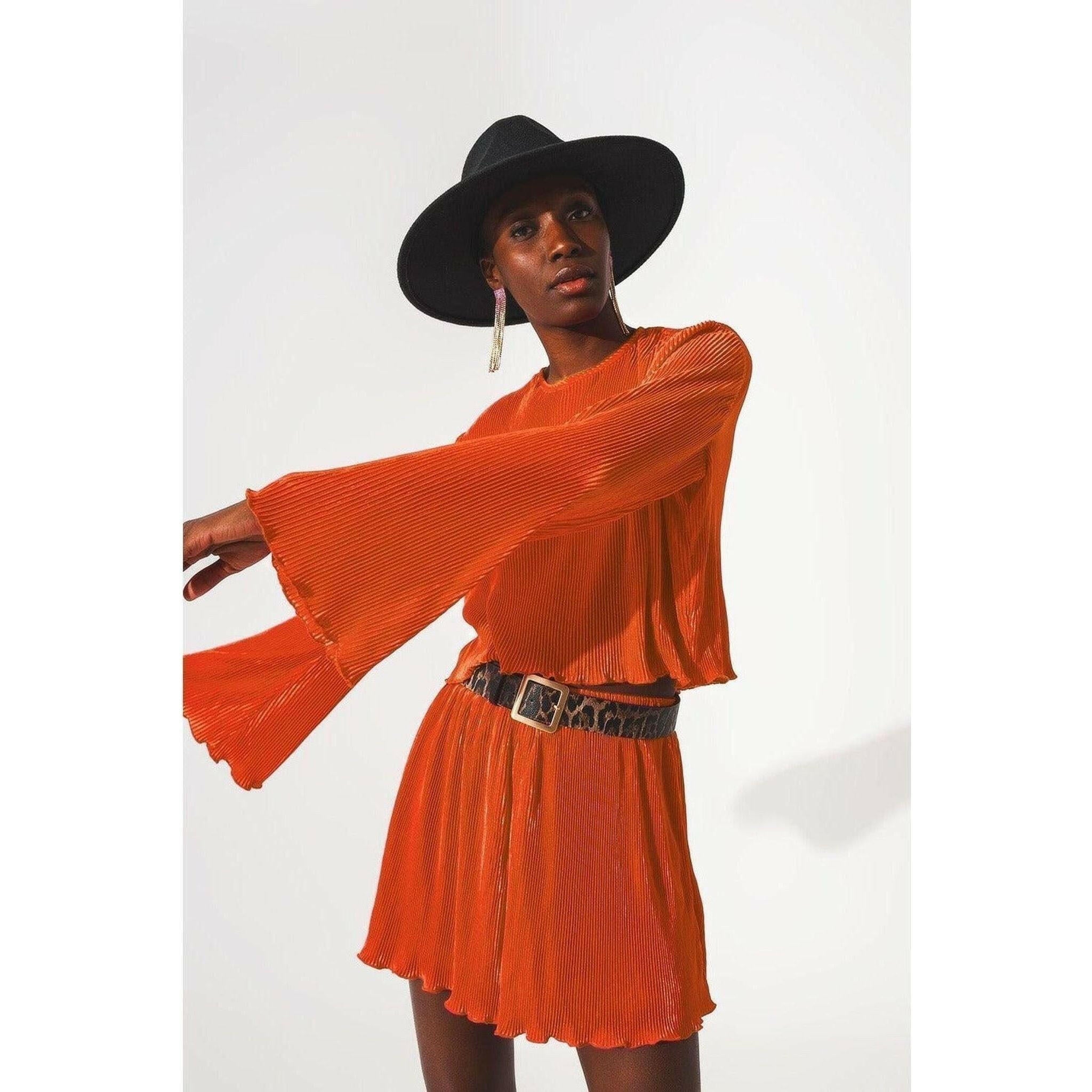 Pleated Round Neck Crop Top in Orange.