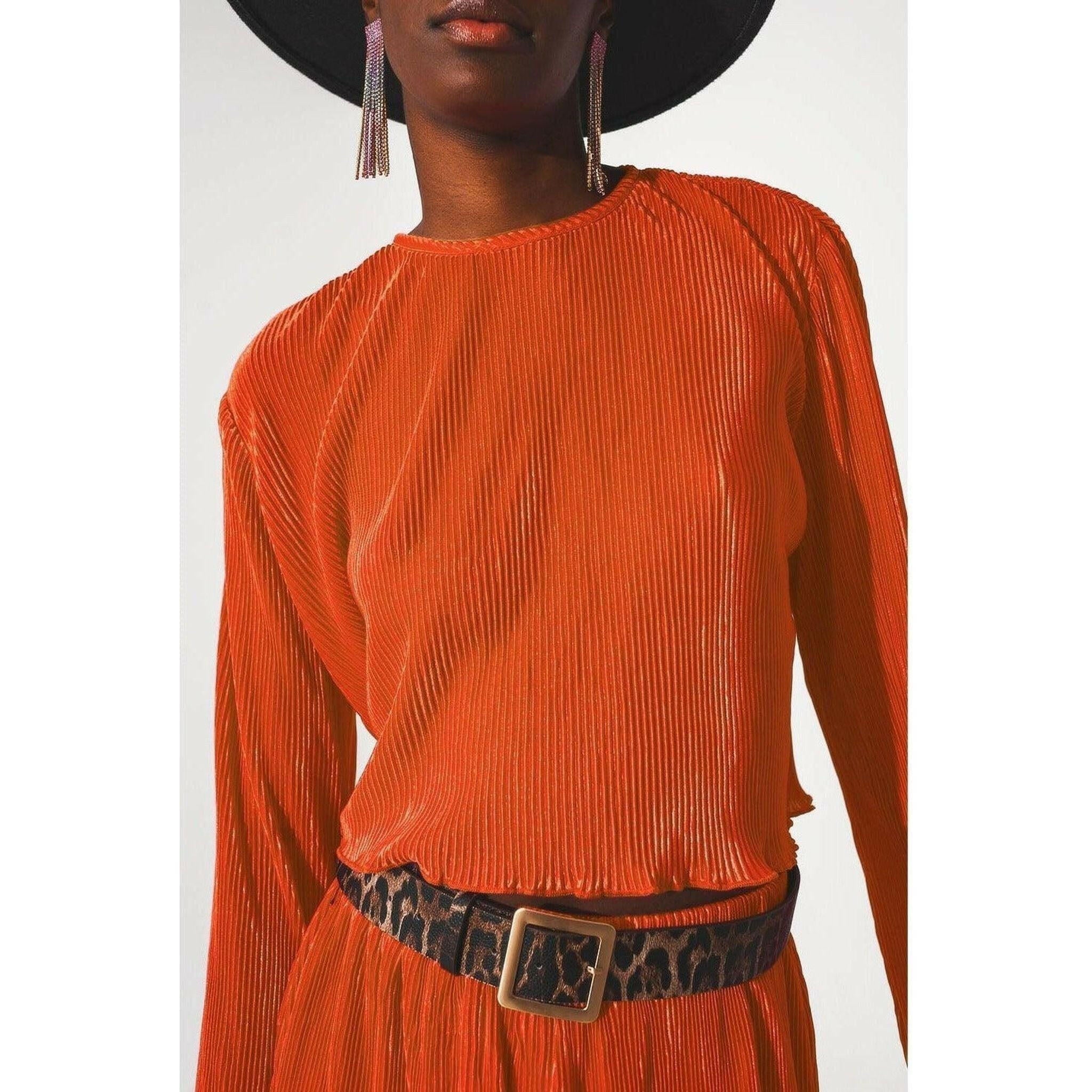 Pleated Round Neck Crop Top in Orange.