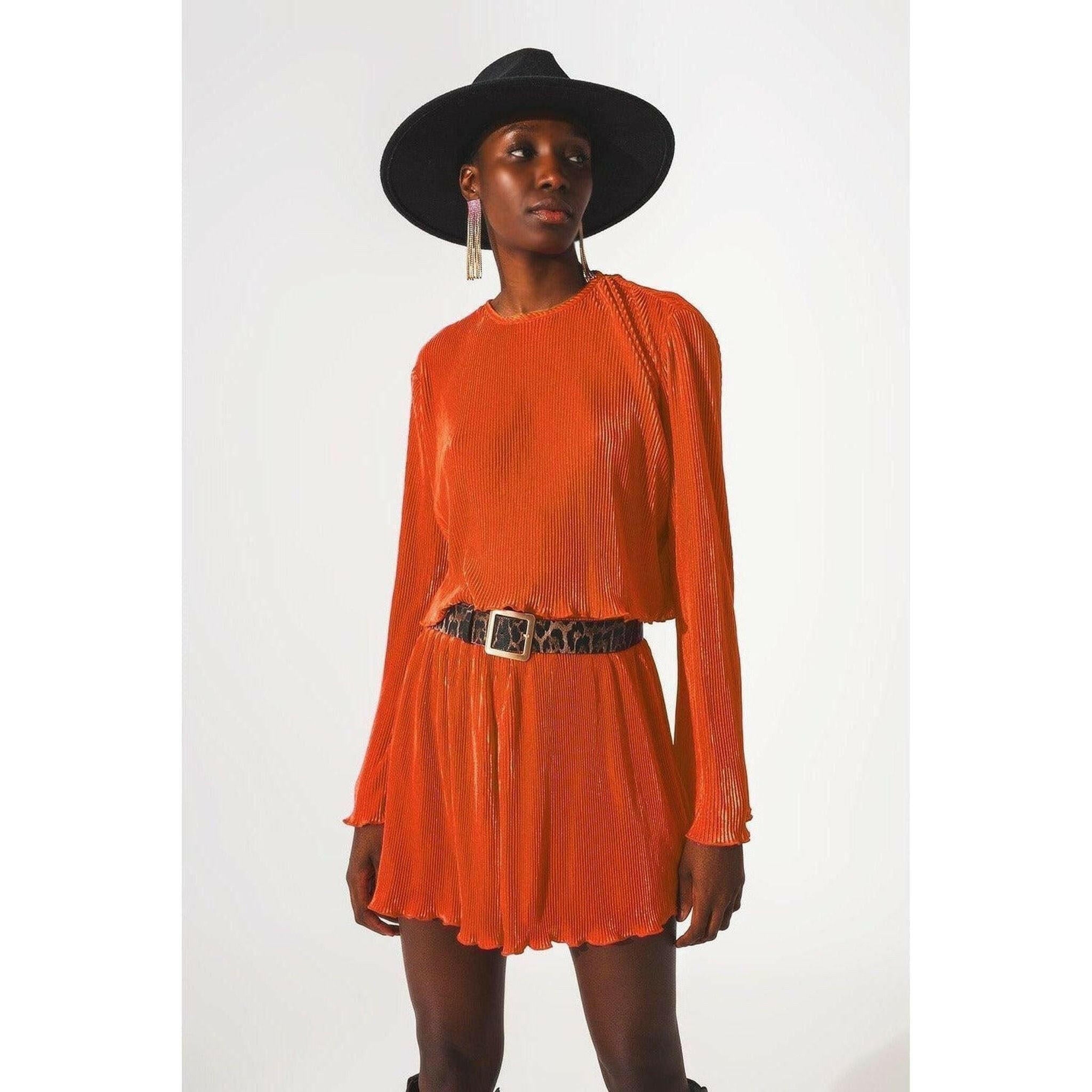 Pleated Round Neck Crop Top in Orange.