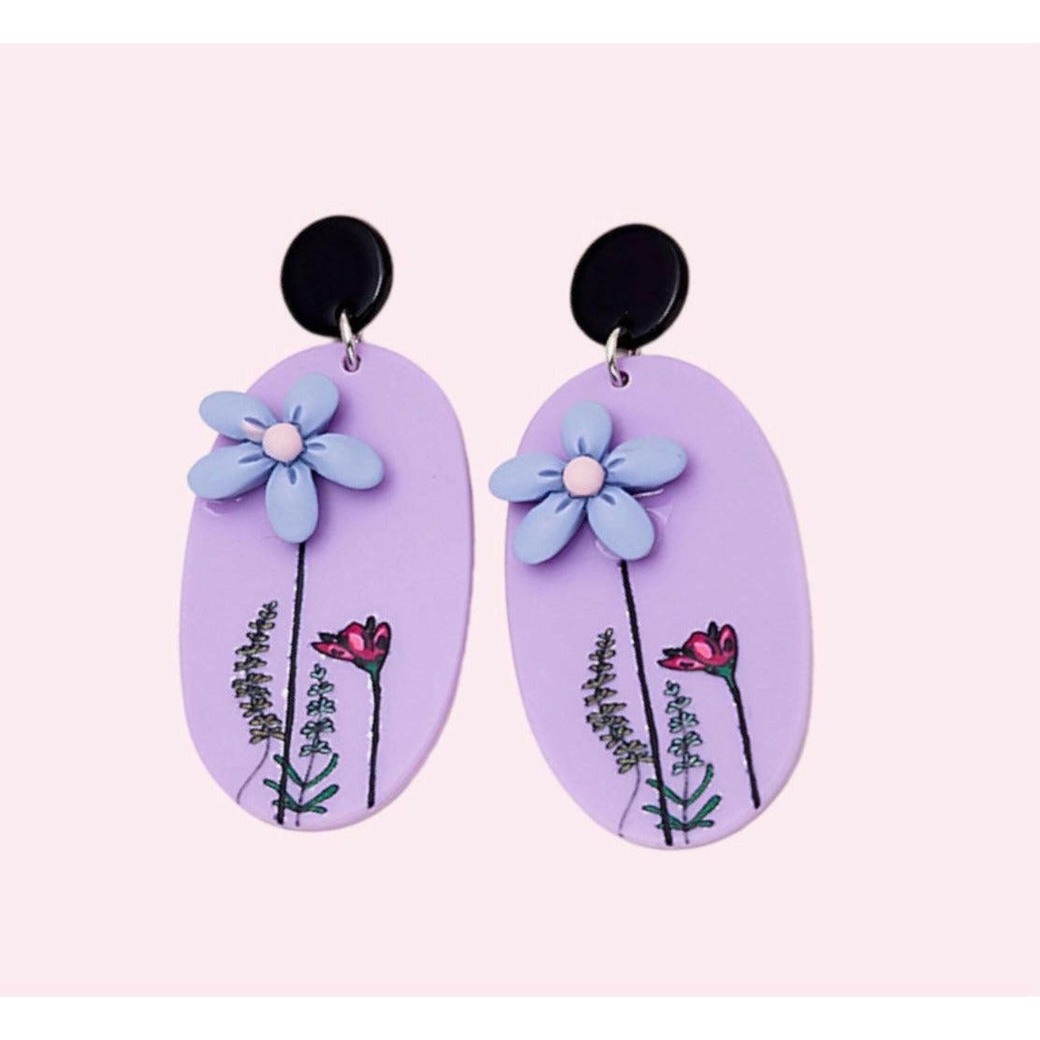 Purple Floral Polymer Clay Earrings.