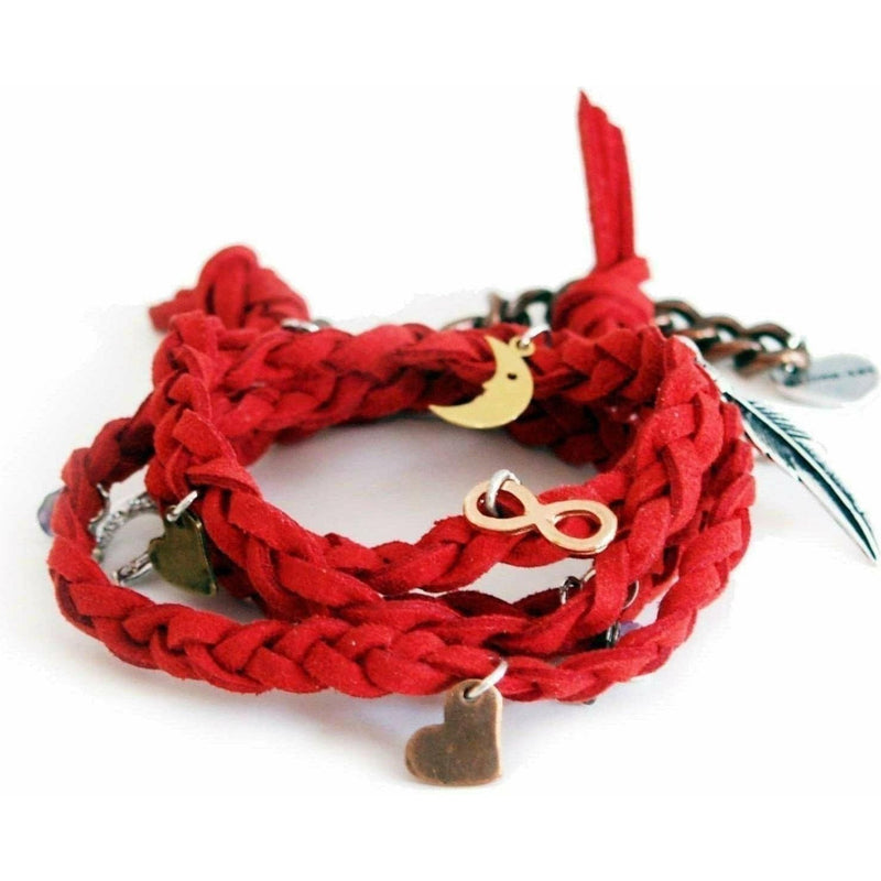 Red Wraparound Bracelet in Deerskin Leather with Charms