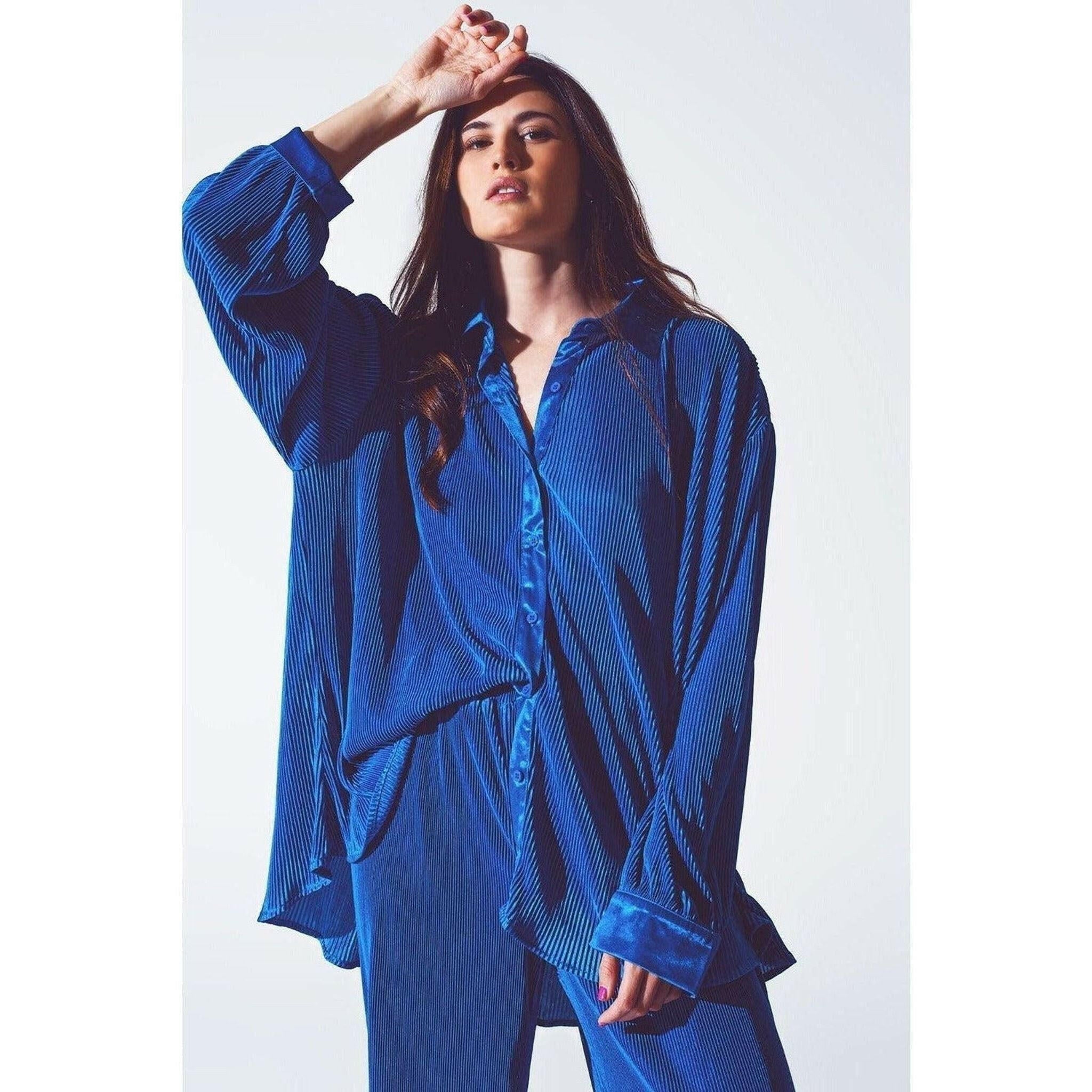 Relaxed Pleated Satin Shirt in Blue.