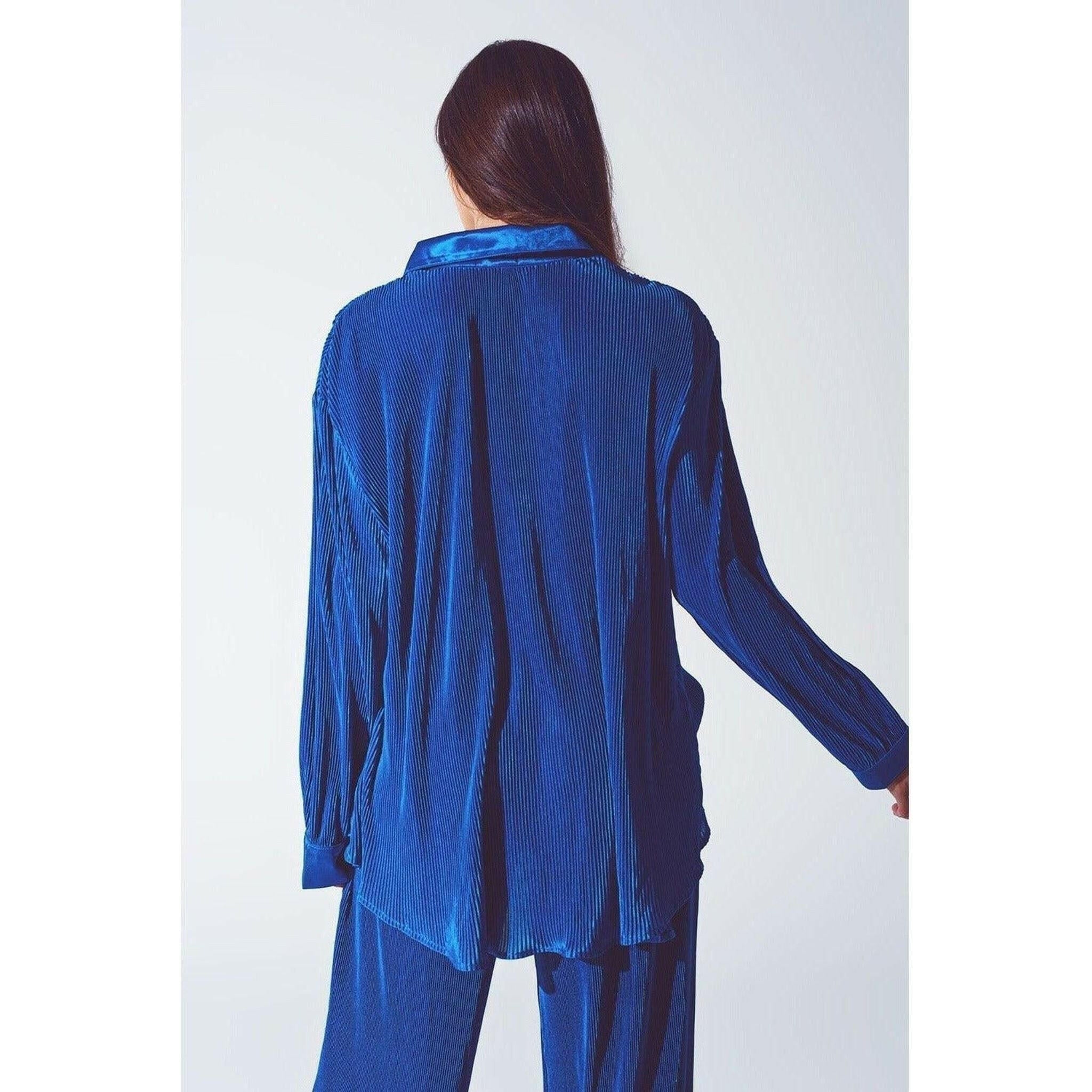 Relaxed Pleated Satin Shirt in Blue.