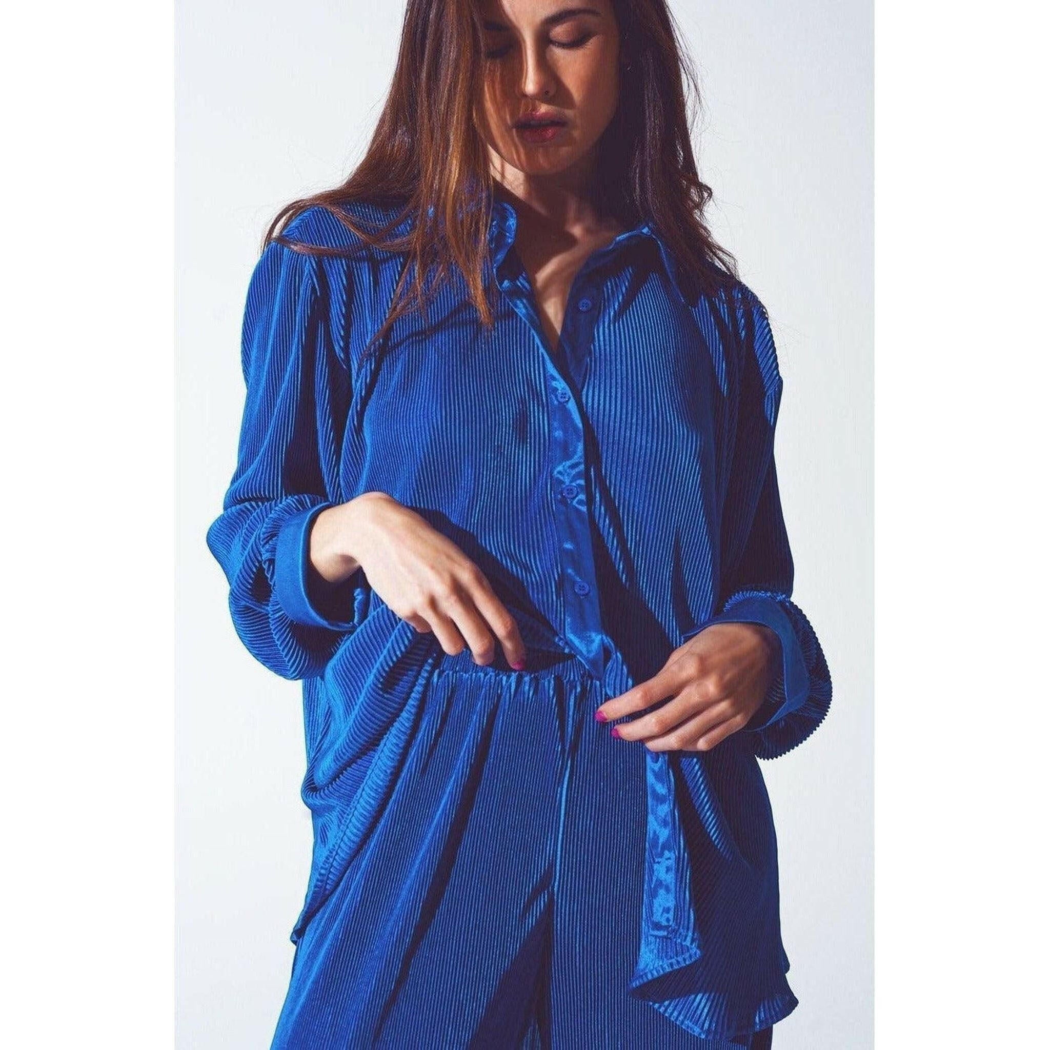 Relaxed Pleated Satin Shirt in Blue.