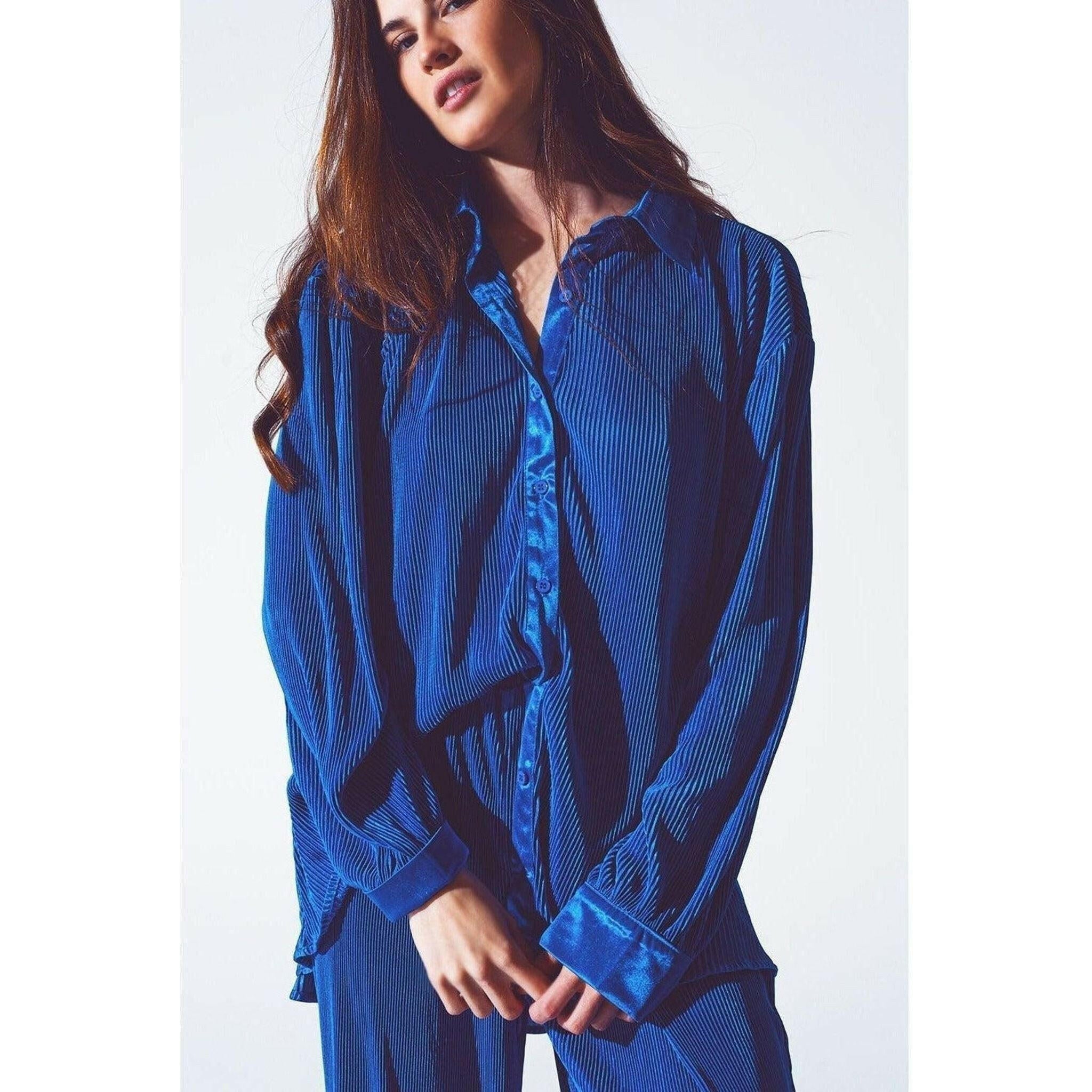 Relaxed Pleated Satin Shirt in Blue.