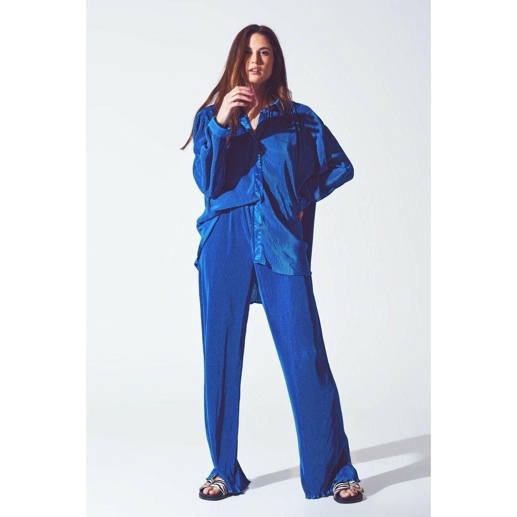 Relaxed Pleated Satin Shirt in Blue.