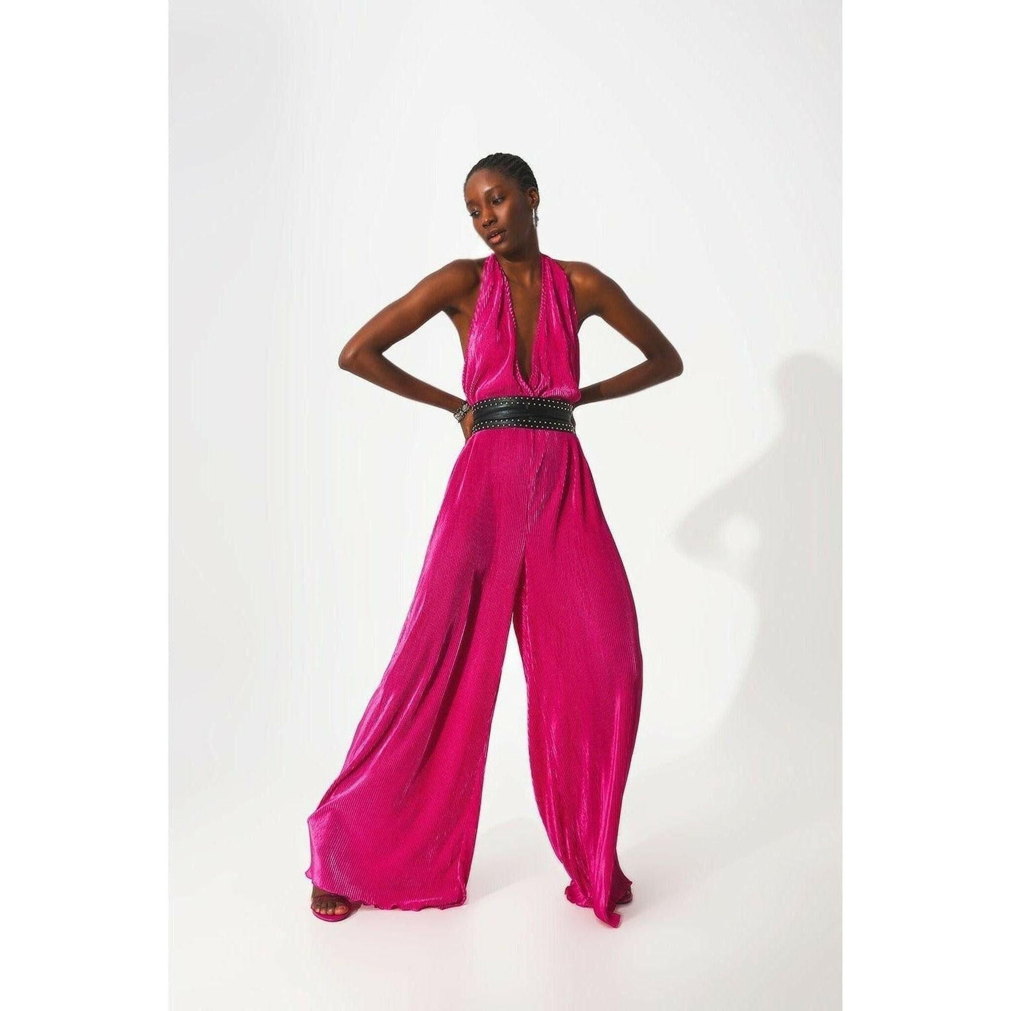 Satin Halter Neck Pleated Maxi Jumpsuit in Fuchsia.