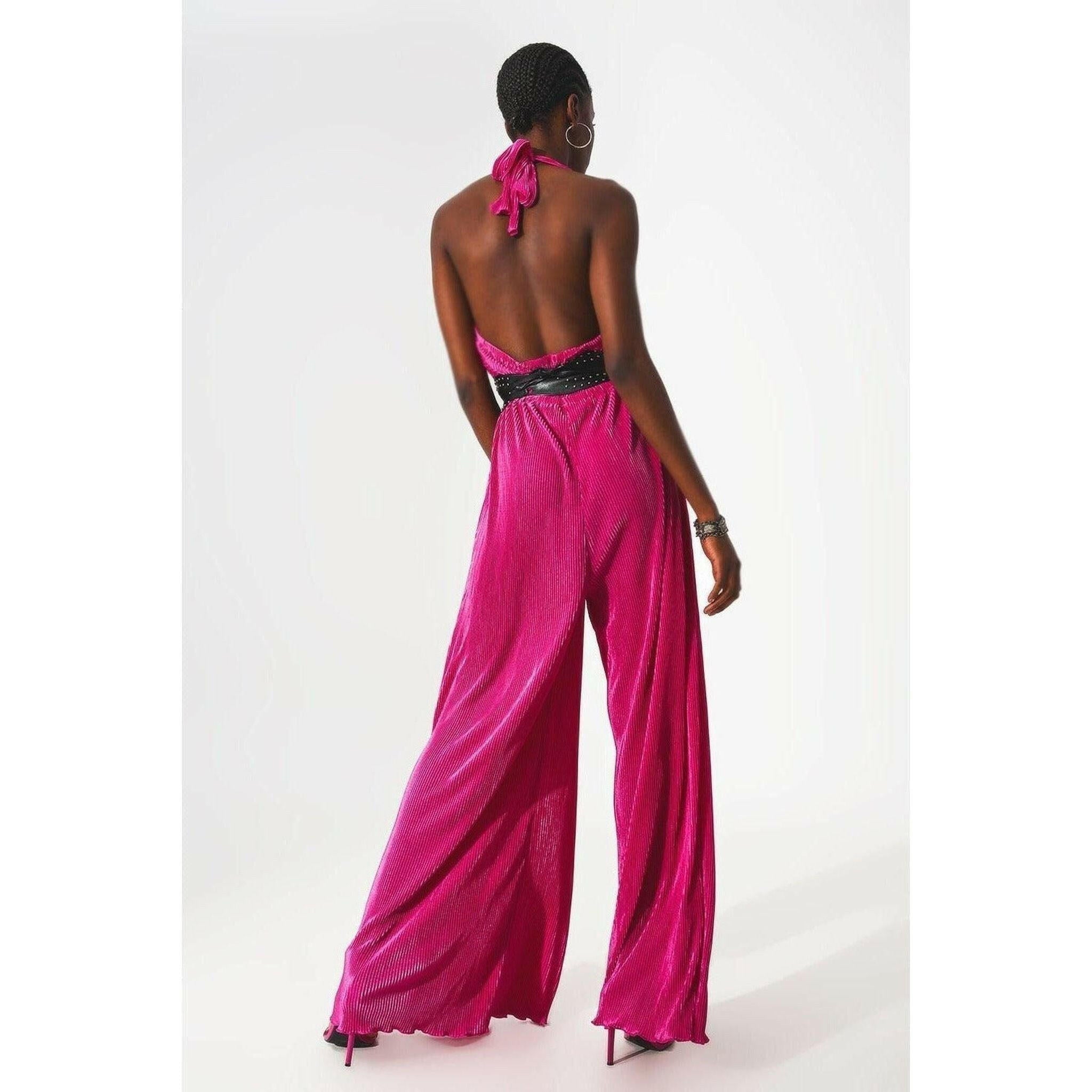 Satin Halter Neck Pleated Maxi Jumpsuit in Fuchsia.