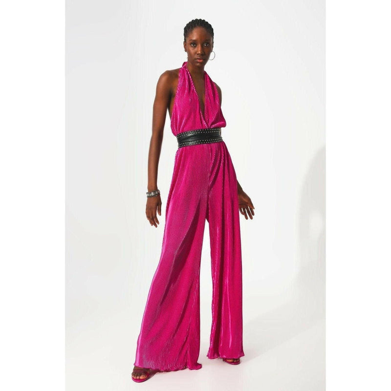 Satin Halter Neck Pleated Maxi Jumpsuit in Fuchsia