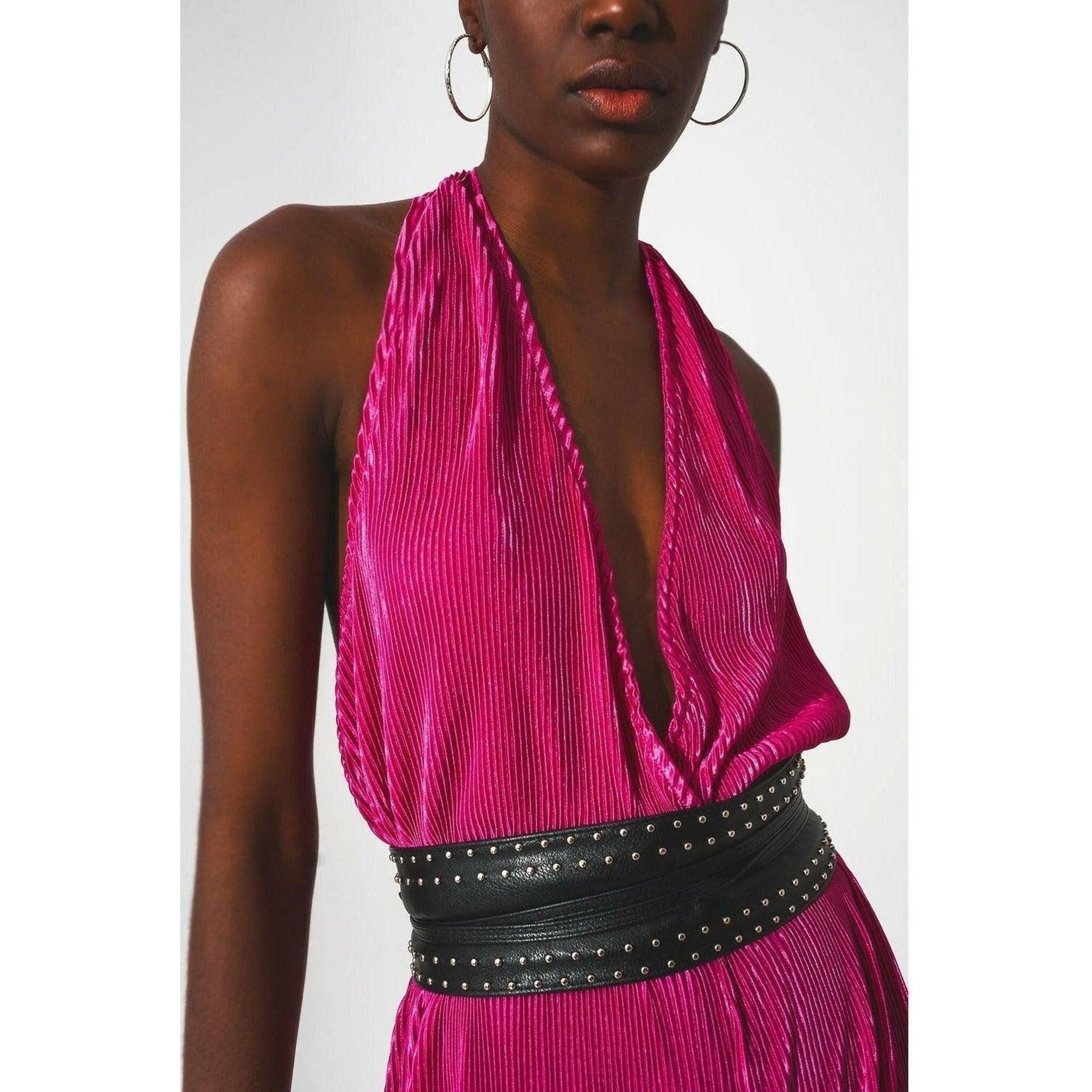 Satin Halter Neck Pleated Maxi Jumpsuit in Fuchsia.