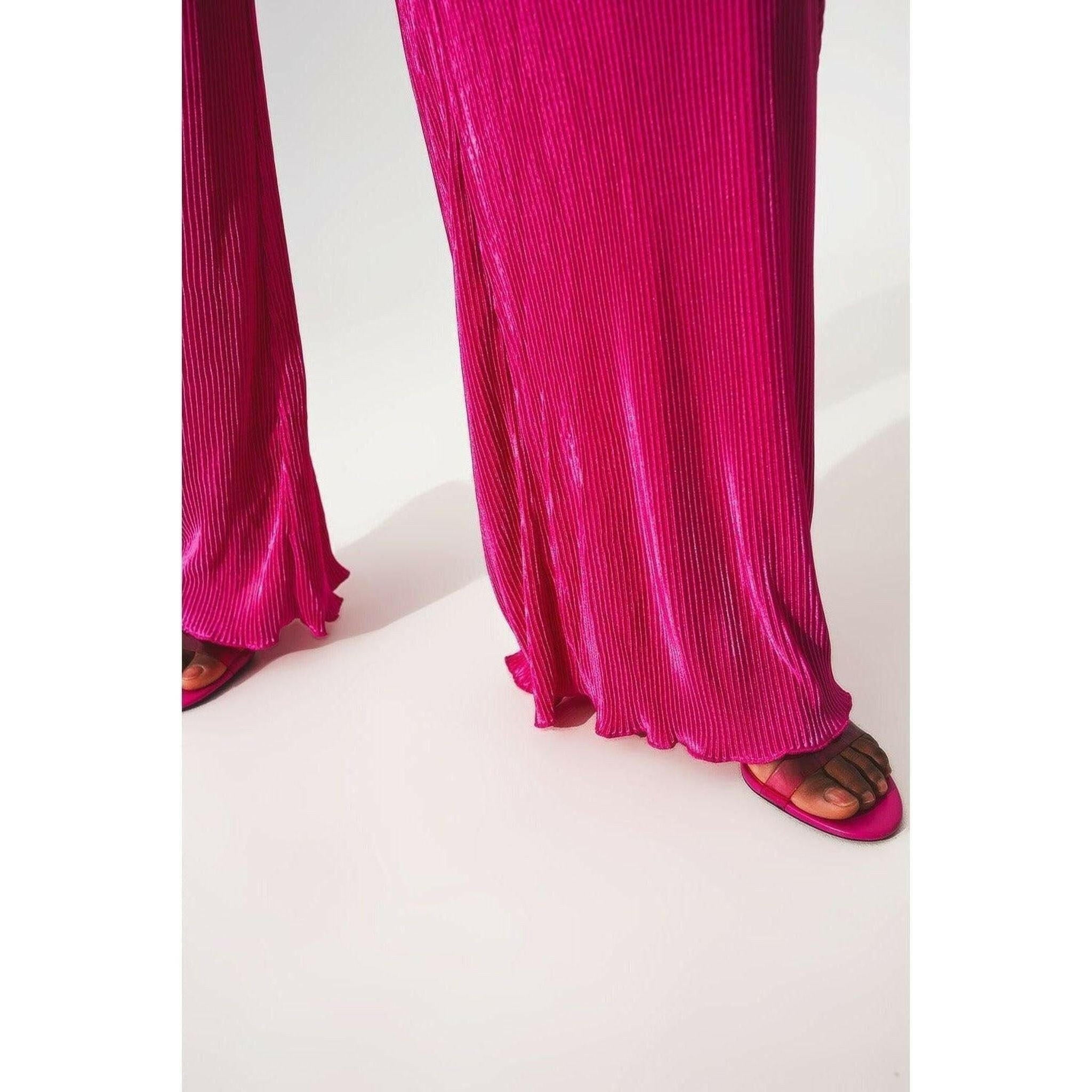 Satin Halter Neck Pleated Maxi Jumpsuit in Fuchsia.