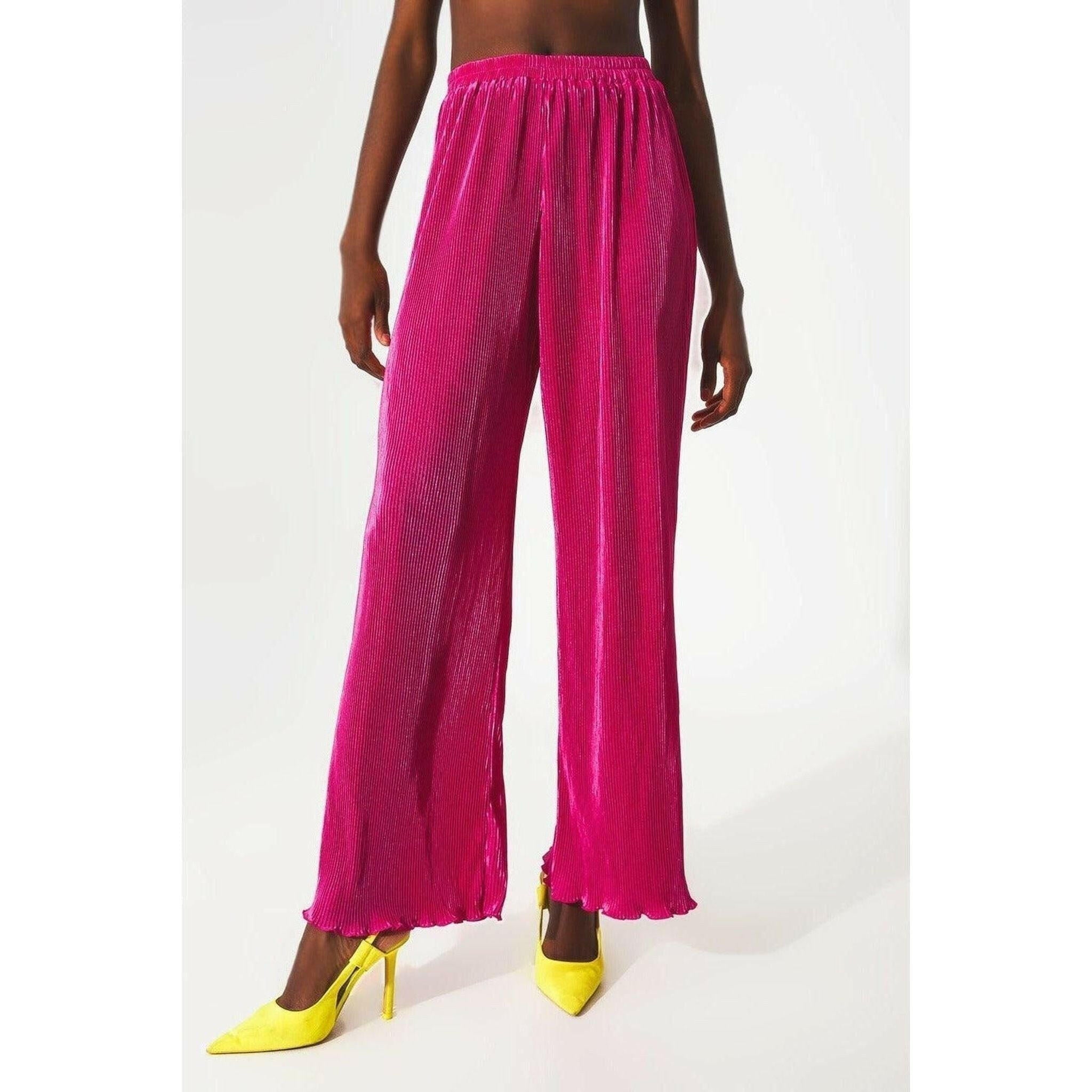 Satin Pleated Wide Leg Pants in Fuchsia.